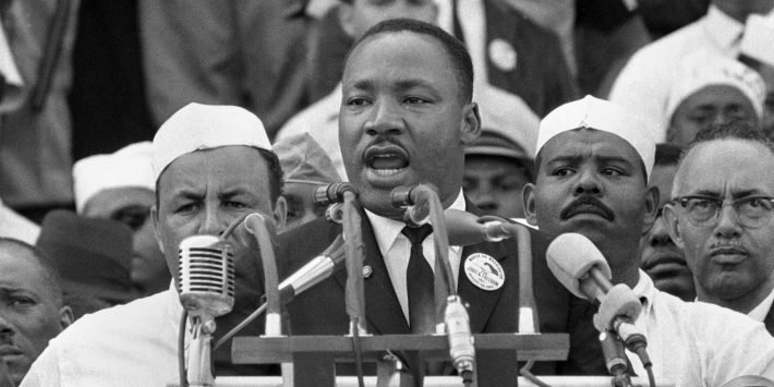 In this Aug. 28, 1963, file photo, Dr. Martin Luther King Jr., head of the Southern Christian Leadership Conference, addresses marchers during his "I Have a Dream" speech at the Lincoln Memorial in Washington.