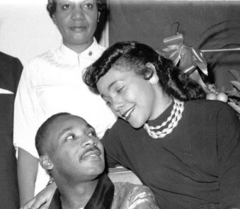 Rev. Martin Luther King Jr., seen with his wife, Coretta, is at a Harlem hospital in New York City during a news conference on Sept. 30, 1958.