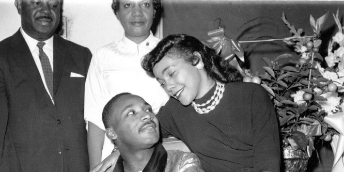 Rev. Martin Luther King Jr., seen with his wife, Coretta, is at a Harlem hospital in New York City during a news conference on Sept. 30, 1958.