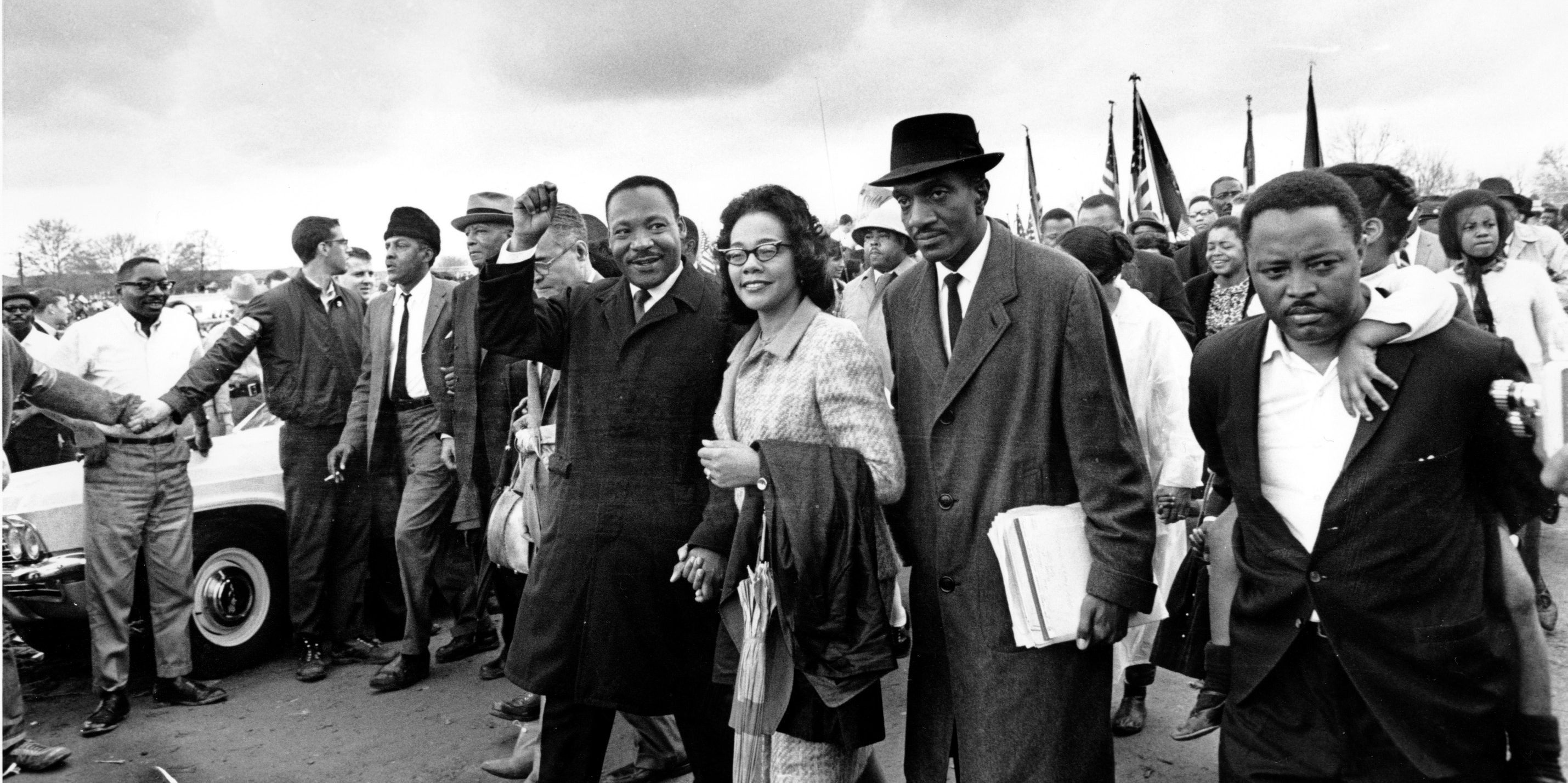 Dr. Martin Luther King Jr., and his wife, Coretta Scott King, lead off the final lap to the state capitol at Montgomery, Ala., on March 25, 1965.